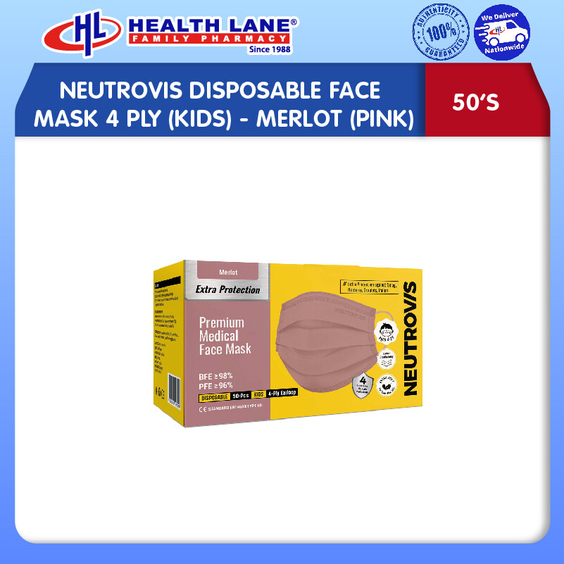 NEUTROVIS DISPOSABLE FACE MASK 4 PLY 50'S (KIDS)- MERLOT (PINK)